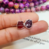 Raw Garnet Silver Electroplated Stud Earrings, January Birthstone, Sold By Piece